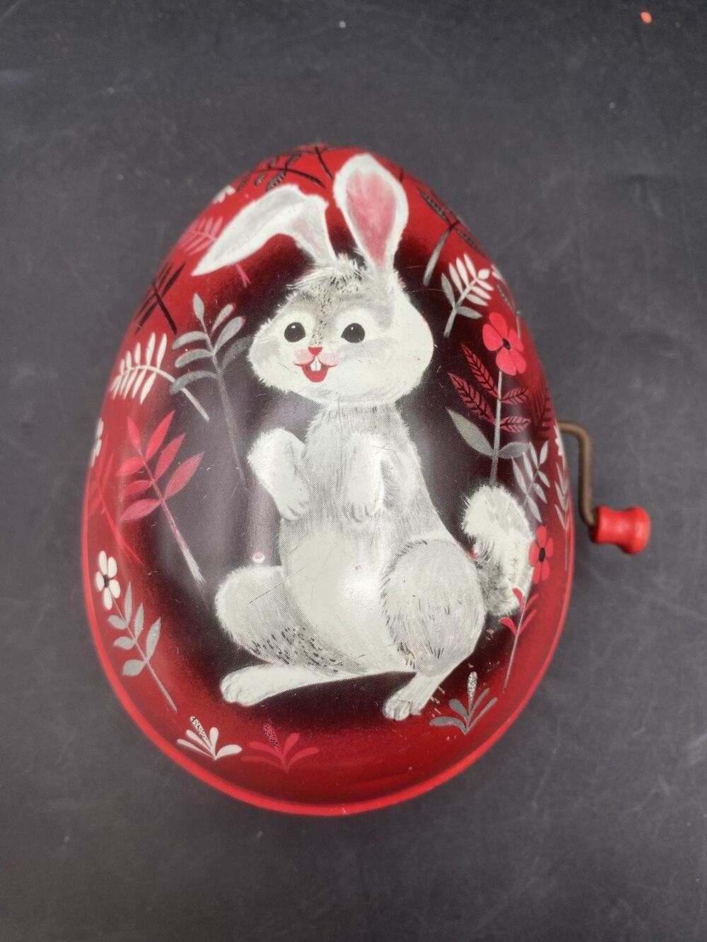 Vtg Mattel Wind-Up Metal Easter Egg Music Box Red with White Rabbit Not Working